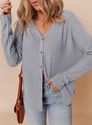Dokotoo Women's Casual V Neck Waffle Knit Button Down Long Sleeve Shirts Loose Tops3