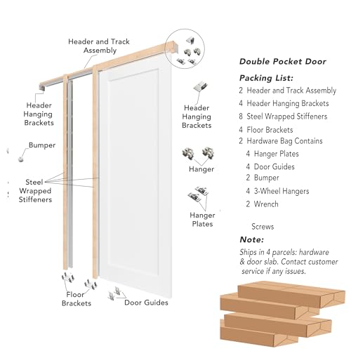 Image of Sliding Pocket Door, 36 inch(Double 18 inch) x 80 inch, 1-Panel Core with Frame and Hardware Kit Set, Interior Doors for Pocket Doors, White Primed - No Panel Assembly Required