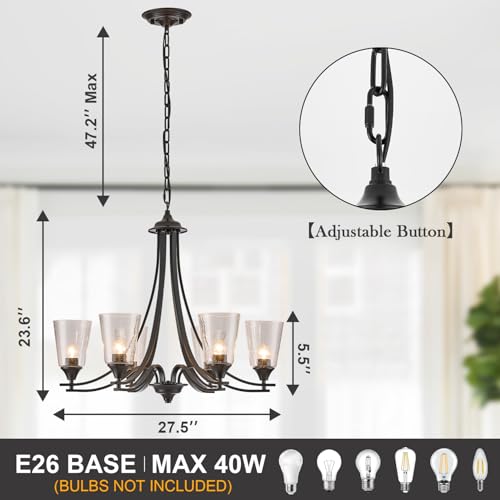Image of 6-Lights Modern Chandeliers Black with Seed Glass Lampshade Dinging Room Light Adjustable Height 47.2 Ceiling Hanging Lights for Kitchen Island Living Room Dinging Table