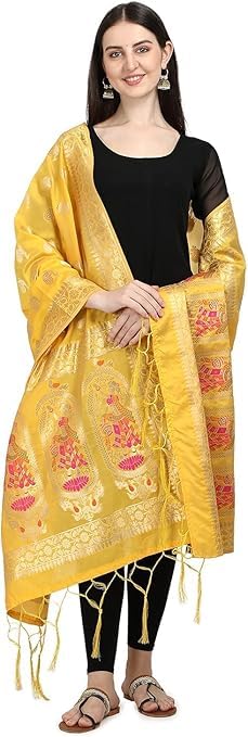 Women's Woven Banarasi Silk Zari Dupatta/Chunni, Width 1 Meter, Length 2.5 Meter,Yellow2