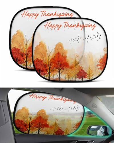 Image of Car Window Shade (2 Pack) Ink Painting Forest Yellow Orange Birds Thanksgiving Car Window Sun Shade for Baby - Car Seat Sun Protection - Sun Shade Blocker Car Window Shades for Side Window
