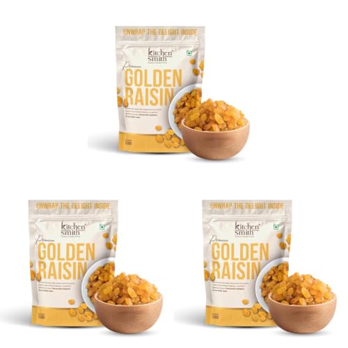 Image of KitchenSmith Golden Raisin Seedless - 500gm | Dakh, Indian Kishmish, Raisins | Premium Long Raisins & Naturally Sourced Dry Fruits (Air Tight Pouch) (Pack of 3)