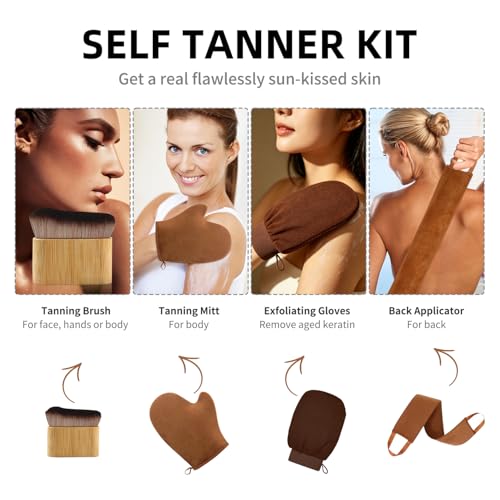Image of FUNAN Self Tanning Mitt Self Tanner Mitt, Self Tanner Brush, Kabuki Brush, Self Tan Mitt Applicator & Exfoliating Mitt, Back Self Tanner Back Applicator Tanning Glove 5 Pack