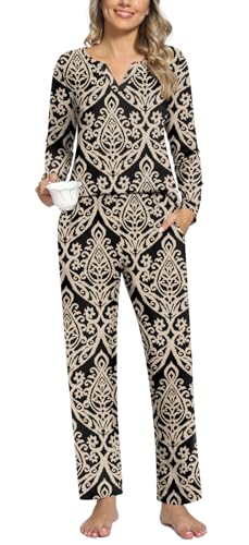 Anyally Women's Plus Size Pajama Sets Ladies Fall Pjs 2 Pieces Lounge Outfits V Neck Long Sleeves Sleepwear with Pockets2