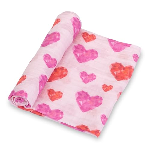 Image of LollyBanks Muslin Swaddle Blankets, 100% Cotton Baby Blankets for Girls, Soft and Lightweight 47 x 47 Inches Newborn Swaddle, Gentle Infant Blankets, Nursery Essentials (Gemstone Heart Print)