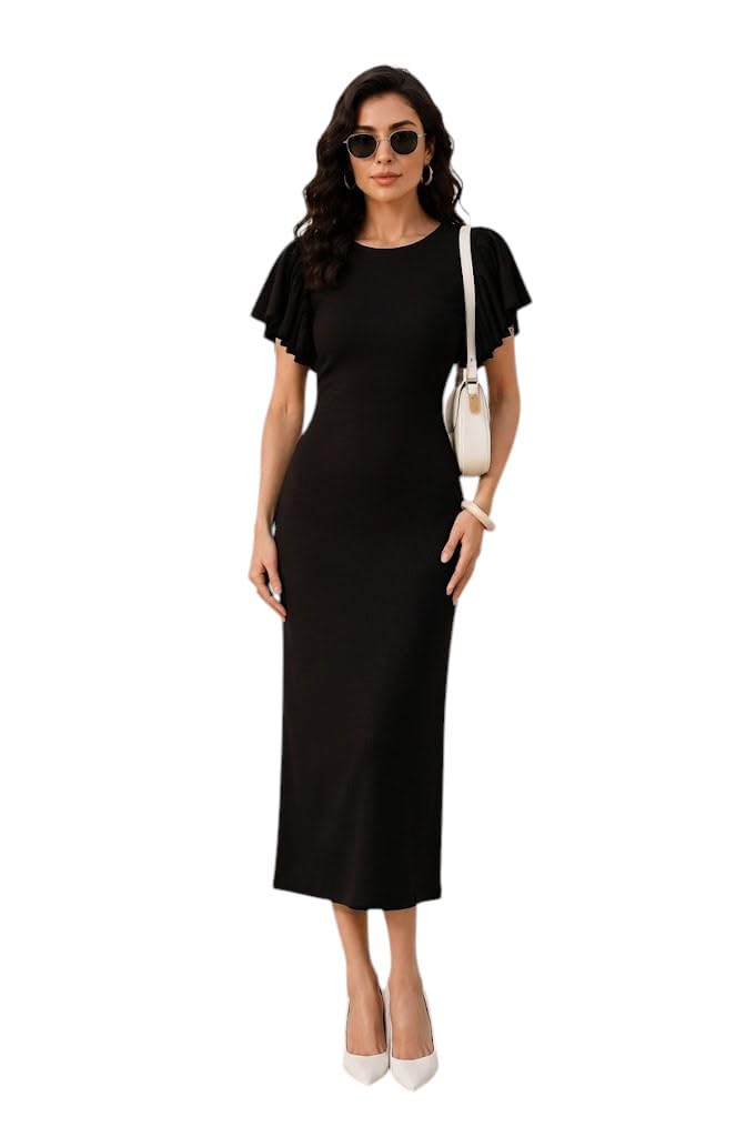 oomph! Women's Ribbed Stretchable Midi Dress | Ruffle Flutter Sleeves | Round Neck | Soft Stretch Knit Western Dress-picture-24