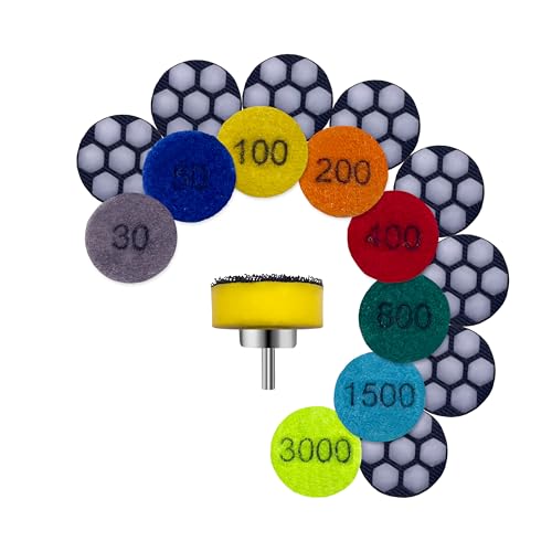QTG 1-inch Mini Diamond Polishing Pad Set 9-Piece with 30# to 3000# Grit for Stone Tile Metal & Glass Hook & Loop Wet/Dry Polishing Kit with 2.3mm Shank Backing Holder