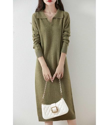 Sweater Dress Women's Long Sleeve 100% Merino Wool Knitted Pullover Flip Collar Fall Winter Long Tops3