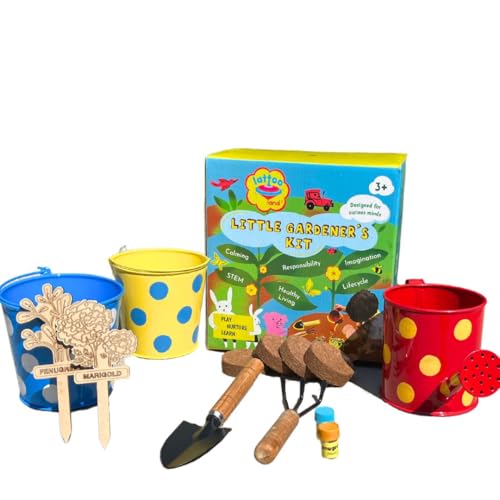 Little Gardener's Kit | Complete Gardening Set for Kids 3-8 Years Old | Gardening Tools, Metal planters, Metal Watering can, Soil, Seeds, Plant Markers | Flower Grow Set | Birthday Gift