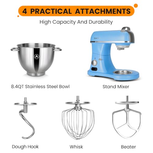 Image of ZACME 8.4QT Commercial Stand Mixer 800W with Aluminum Die Casting Meets the Standard of NSF /ANSI 8-2023, Mixers Kitchen Electric Stand Mixer with Stainless Steel 8L Bowl, Dough Hook, Whisk and Beater