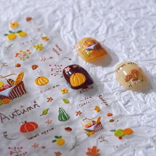 Image of Autumn Nail Art Stickers 5D Embossed Nail Decals Self-Adhesive Colorful Nail Supplies Fall Harvest Manicure Thanksgiving Day Stickers for Women Girls DIY Nails Decorations