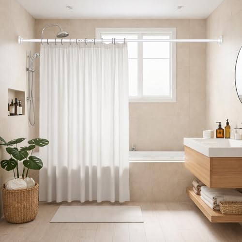 Image of Long Tension Curtain Rod 40-113inch White Shower Curtain Rods no Drilling Adjustable Tension Rod for Windows,Shower,Patio,Doorway,Heavy Duty Spring Rods Diameter 1.26inch