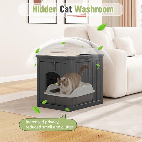 Image of Cat Litter Box Enclosure, Feral Outdoor Cat Enclosure Weatherproof for Winter Outside, Cat Litter Box Furniture Fit Litter Box, Sturdy Resin Shelter for Living Room, Easy to Assemble, Black