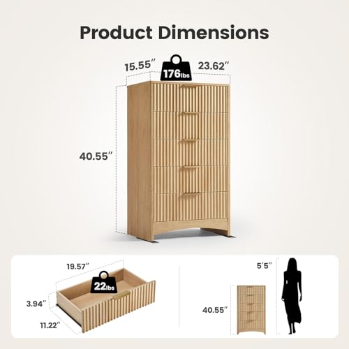 Image of Amada Tall 5 Drawer Dresser, Modern Fluted Vertical Chest with Rounded Corners, Pre-Installed Drawer Slides & Narrow Storage Design for Bedroom or Hallway in Natural Oak