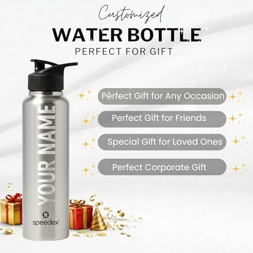 Image of Speedex Customised Stainless Steel Water Bottle 1 Ltr with Name - Personalised Engraved Sipper Cap Bottle for Kids, Men & Women, School, Gym, Office Silver, Set of 1