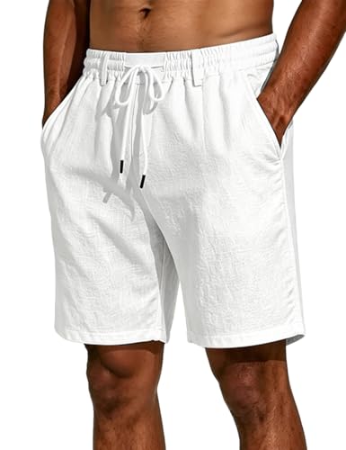 LINENNMAIN Mens Linen Shorts Lightweight Cotton Breathable Casual Shorts for Men Summer Beach Vacation Yoga White