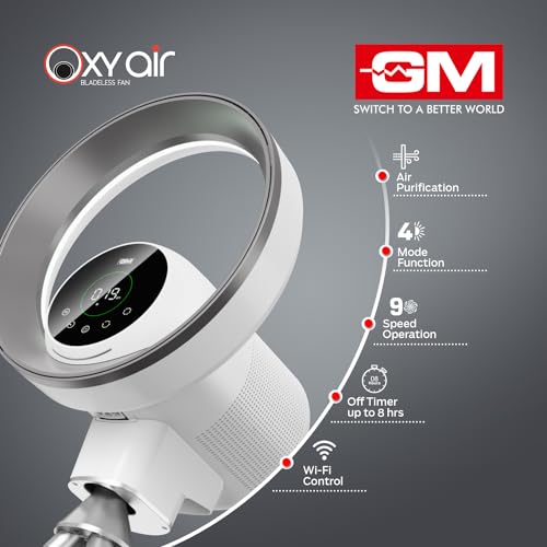 Image of GM Oxy Air Bladeless Fan with Air Purifier and LED Light | Powerful BLDC Motor | Voice Command | Wi-Fi Control | Silent Operation | Up to 8 Hours Timer | 9 Speed Levels | Low Power Consumption