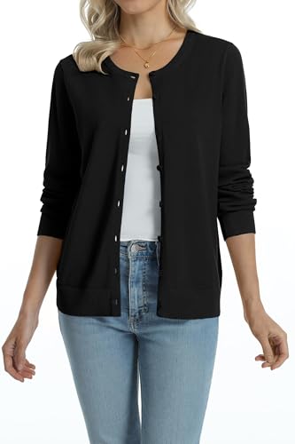 Image of QUALFORT Women's 100% Cotton Lightweight Cardigans Long Sleeve Knitted Button Down Sweater