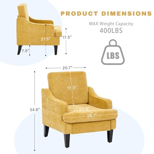 Image of Accent Chair for Living Room,Mid-Century Arm Chair Chenille Fabric Living Room Chairs,Upholstered Reading Chair for Bedroom,Single Sofa Chair with Wood Legs for Apartment (Yellow)