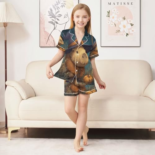 Satin Pajama Sets Short Sleeve Magical Beaver Wearing Witch Hat Button Down Silky Nightwear 2 Piece PJS 5-14Y3