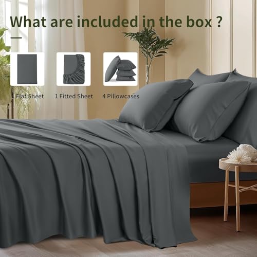 Image of Shilucheng 6 Piece King Sheet Sets, Cooling Sheets, Blend Rayon Derived from Bamboo, Deep Pocket Up to 16 inch, Breathable & Soft Bed Sheets, Hotel Silky Bedding Set, Dark Grey