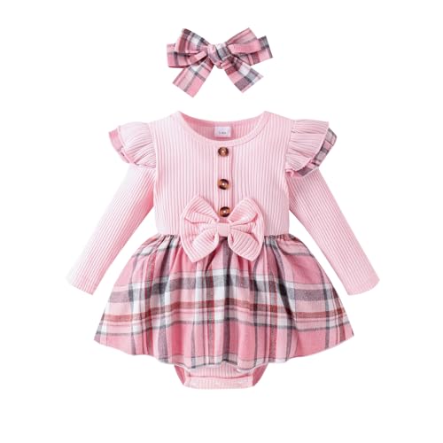 Image of Newborn Baby Girl Fall Winter Outfit Set Plaid Romper Dress Ruffles Long Sleeve Clothes Jumpsuit with Bow Headband