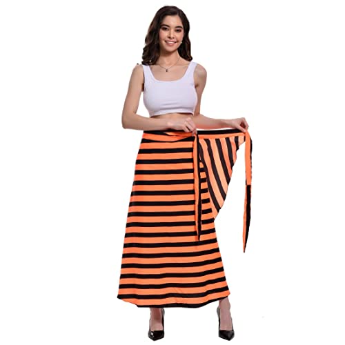Image of Women's Long Wrap Around Maxi Skirt | Women Wear Long Skirt Color -Orange & Black Striped