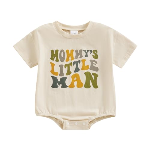 Image of DuAnyozu Newborn Baby Boy Rompers 0 3 6 12 18 Months Clothes Mommys Little Man Outfit Short Sleeve Romper Bubble Bodysuit (Khaki, 6-12 Months)