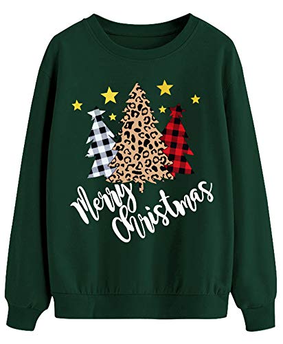 Yi Xiang Ran Merry Christmas Sweatshirt For Women Christmas Plaid Leopard Tree Print Shirt Blouse Long Sleeve Holiday Shirts Tops (Green, X-Large) #TOP1