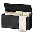Flamaker Outdoor Storage Box 85 Gallon Resin Waterproof Deck Box with Wood Texture Large Storage Bin for Patio Cushions (Black)