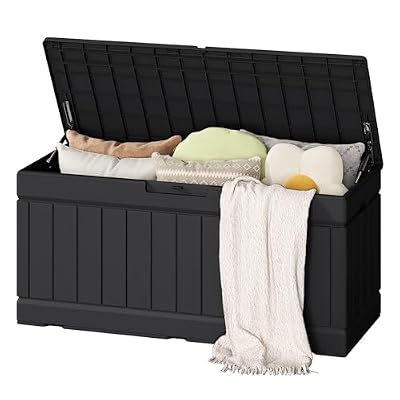 Flamaker Outdoor Storage Box 85 Gallon Resin Waterproof Deck Box with Wood Texture Large Storage Bin for Patio Cushions (Black)