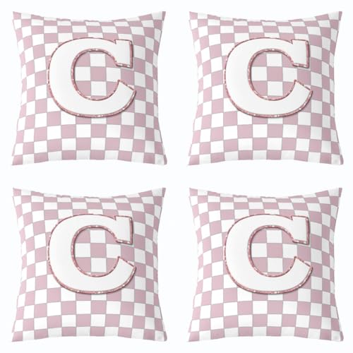 Image of Erosebridal Pink Initial C Throw Pillow Covers 24x24 Set of 2 Kawaii Plaid Checkered Cushion Cover Cute Personalized Monogram Throw Pillow Case for Bed Couch Sofa Fashion Grids Gingham Home Decor