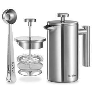 VonShef Cafetière à Piston - French Press en Acier Inoxydable - Cafetière à Piston avec Filtre Lavable, Cuillère Doseuse/Pince de Fermeture de Sachet - Pour 3 Tasses, 350 ml