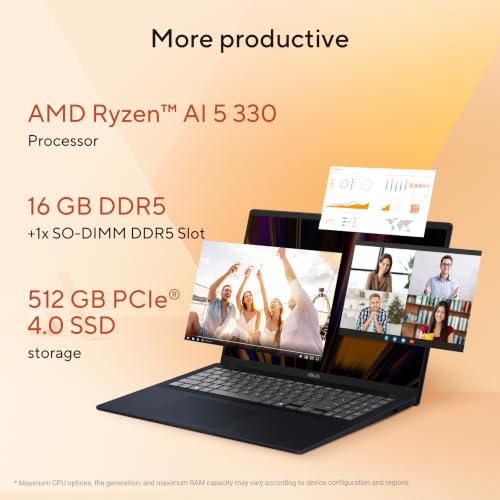 Image of ASUS Vivobook 16 (2026),AMD Ryzen AI 5 330,AMD Radeon iGPU,16GB RAM,512GB SSD,FHD+,16 inch(40 cm), Windows 11 Home,M365 Basic(1 Year),Office 2024,Quiet Blue,1.88 Kg,M1607KA-MB268WS, Thin & Light Laptop