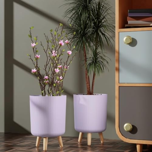 Image of StyleX Store Modern Flower Pot with Plastic Legs | Indoor Outdoor Planter for Home Garden Balcony Decor Ribbed Design Sturdy Plastic Mid-Century Style (Lavender Pack of 2)
