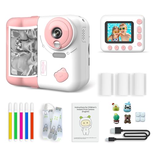 Camnoon Kids Instant Print Camera 1080P Digital Camera for Kids 2.4 Inch IPS Screen 10X Zoom with Thermal Printing Paper Color Pens Neck Strap 32GB TF Card Birthday Festival Gift for Children