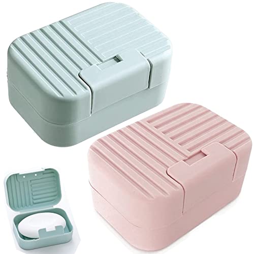 Caja de jabón de Viaje,Caja de jabón de 2 Piezas,Jabonera con Tapa,Jabonera de Ducha portátil,sellada con Tapa, baño,Viaje,Campamento,Gimnasio (Azul+Rosa)