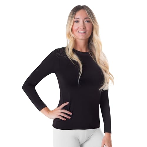 ROCKY Thermal Shirts Women Fleece Lined Long Sleeve Shirt Women Thermal Underwear Top Womens Long Johns Tops Base Layer (Large, Black, Standard Weight, One Pack)