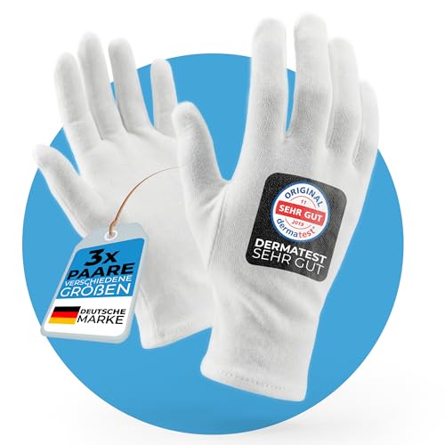 Baumwollhandschuhe aus 100% Baumwolle (Dermatest: Sehr Gut) weiße Handschuhe, weiche Textilhandschuhe für Handmasken, waschbare Stoffhandschuhe mit zertifizierter Hautverträglichkeit