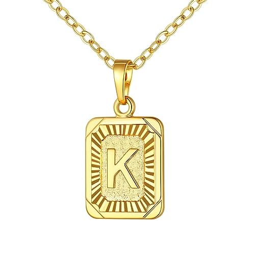 U7 Square Initial Necklace for Women, Gold/Platinum Plated A-Z 26 Letters Pendant Necklace, Large Capital Monogram Retangle Tag Necklace, Resizable Ch