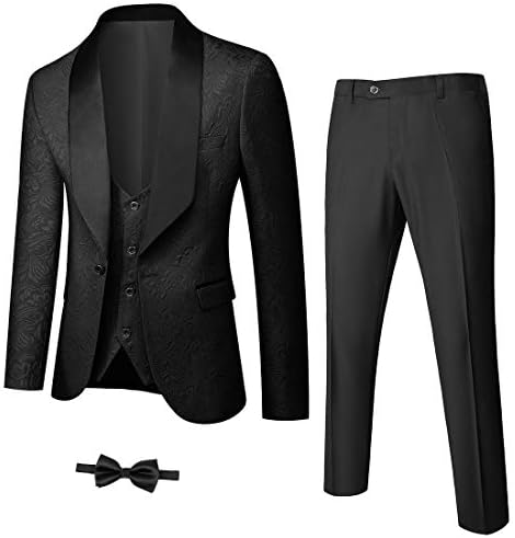 YND Men's 3 Piece Slim Fit Tuxedo Set, One Button Shawl Collar Jacquard Jacket Vest Pants with Bow Tie, Black