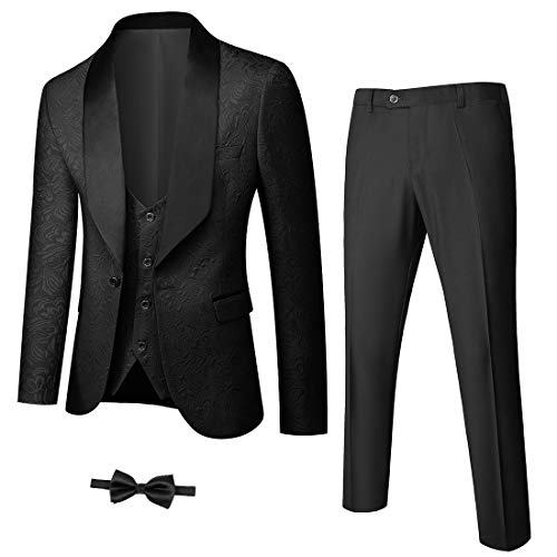 YND Men's 3 Piece Slim Fit Tuxedo Set, Solid Shawl Collar Jacquar...