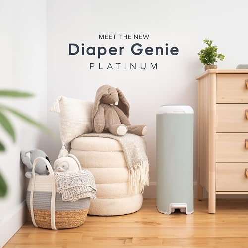Image of Diaper Genie Platinum Pail (Sage Green) is Made in Durable Stainless Steel and Includes 1 Easy Roll Refill with 18 Bags That can Last up to 5 Months.