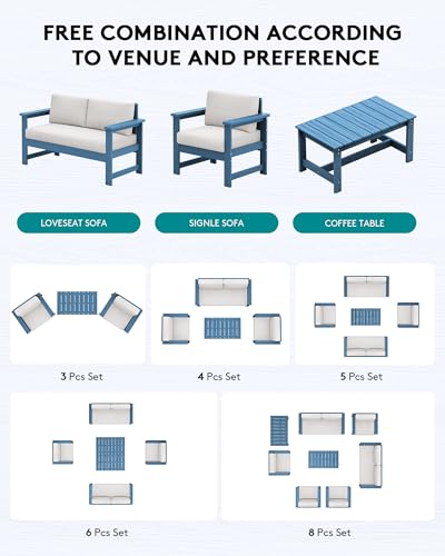 Image of SERWALL HDPE Outdoor Loveseat with Cushion, Outdoor Sectional Furniture Set | All Weather Use Patio Couch Sofa，Blue Frame with Khaki Cushions