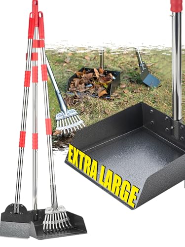 FUSBUNTY Dog Pooper Scooper Set, Pooper Scooper for Dog, Heavy Duty Stainless Steel Rake with Extra Large Tray & Spade No Bending Clean Up for Pet Waste Removal, for Grass, Dirt Or Gravel.