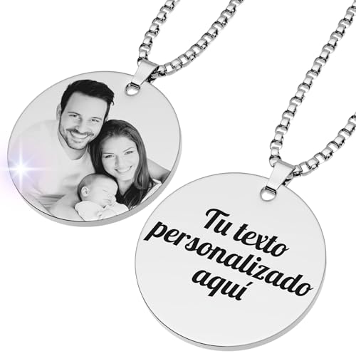 ErenBros Collar personalizado con foto hombre | Chapa militar personalizada grabada | Colgante con foto personalizada ideal como regalo dia del padre o regalos originales para hombre (Redondo)