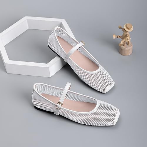 Womens Square Toe Mesh Ballet Flats Comfortable Casual Dressy Mary Jane Flat Low Heel Slip-on Shoes with Buckle Strap2