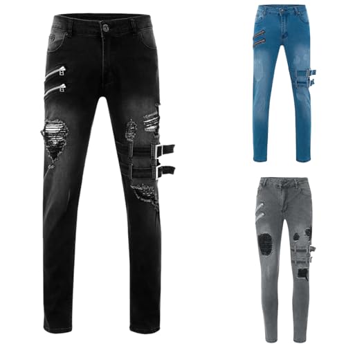 Men's Skinny Zipper motorcycle jeans,Ripped Stretch Distressed Men Pants Casual Streetwear Trousers
