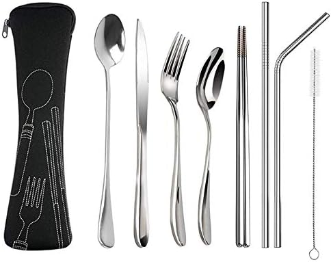 Xpeciall 9 Piece Camping Silverware Set, Portable Reusable Travel Stainless Steel Utensils
