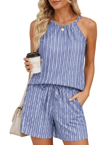 Image of Rapbin 2 Piece Short Sets for Women Casual Vacation Summer Outfits Sleeveless Halter Tops Loose Fit